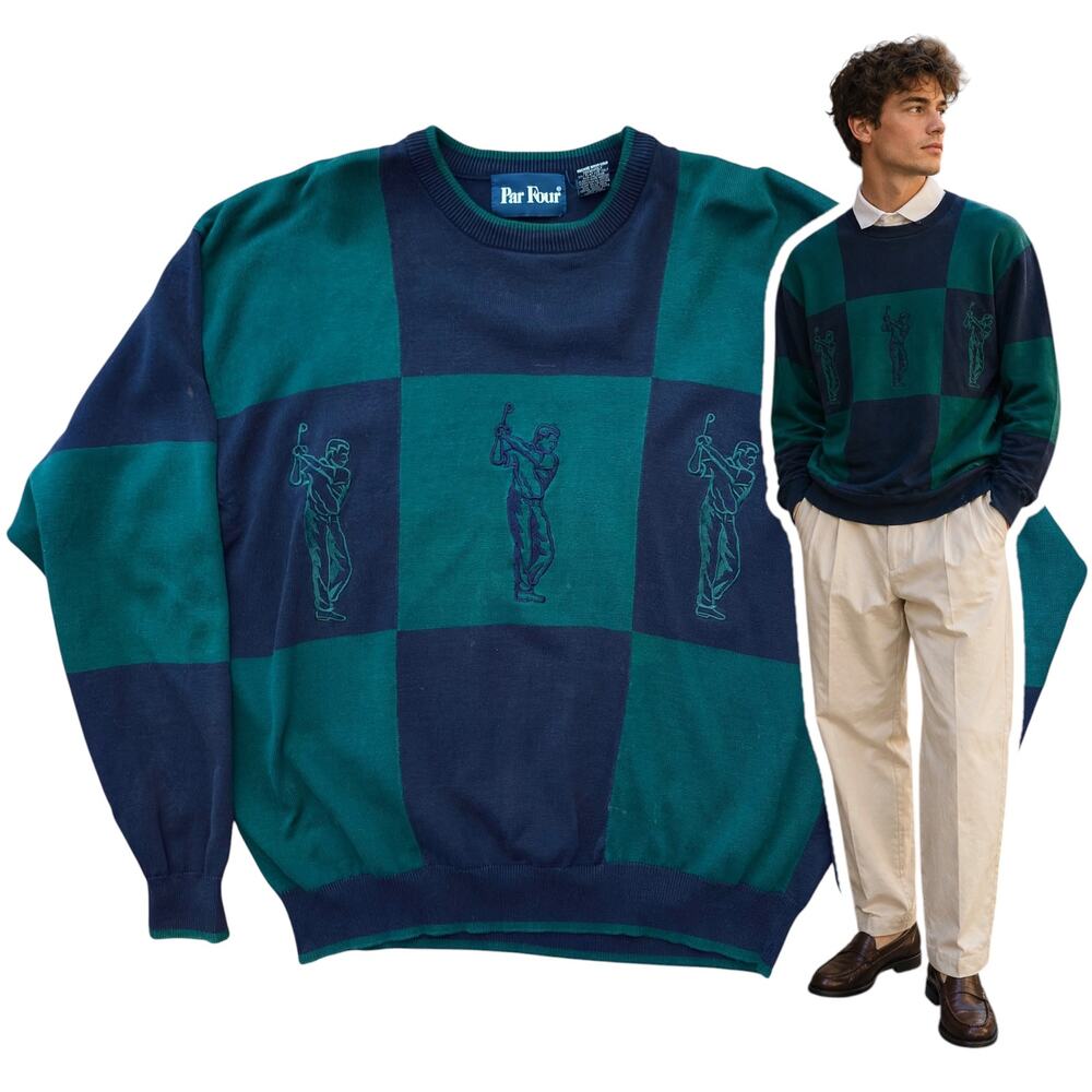 Par Four Mens Golf Sweater Size XL Green Blue Colorblock Preppy 90s Vintage